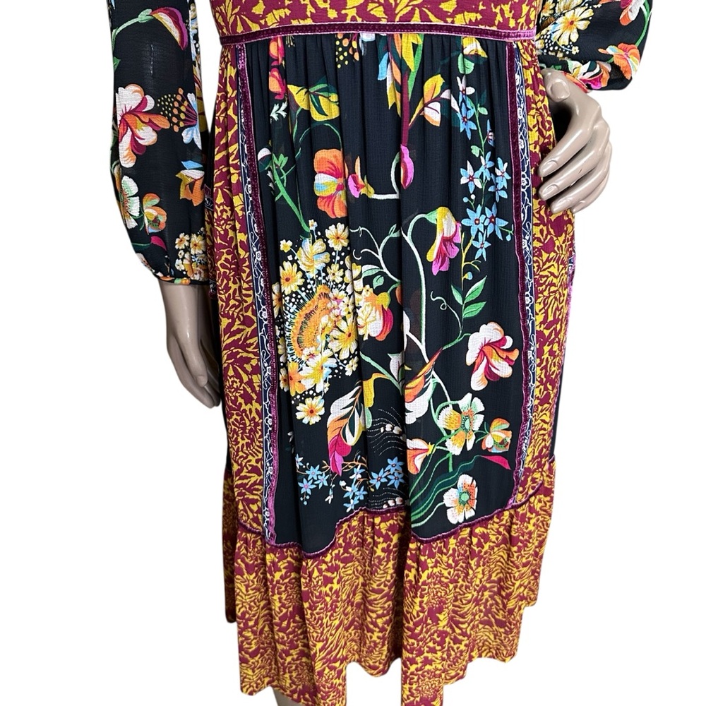 Anthropologie Adair Vibrant Floral Velvet-Trimmed Midi Dress Flounce Ruffle - Picture 6 of 12